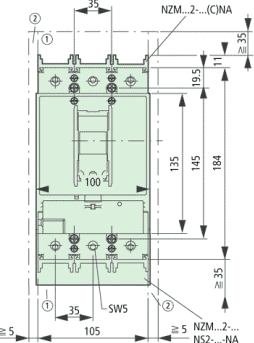NZMB2-A125-BT-NA Circuit Breaker Dimensions