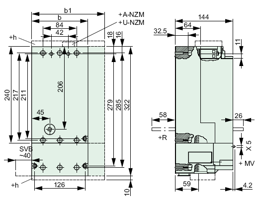 NZMH9-250/ZM9A-250-2000-NA Circuit Breaker Dimensions