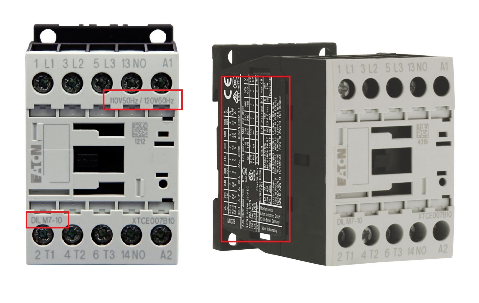 Close-up of an DILM7-10 unit with the label location highlighted for part number .