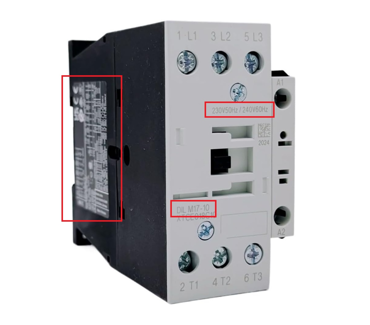 Close-up of an DILM7-10 unit with the label location highlighted for part number .