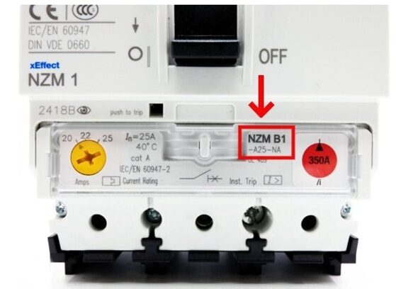 Close-up of an NZMB1 unit with the label location highlighted for part number NZMB1-A25-NA.
